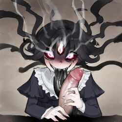 1boy 1girls 3_eyes ai_generated black_dress black_hair black_sclera black_skin black_tongue colored_tongue dripping_precum duo erect_penis falsegate floating_hair forehead_eye glowing_eyes hands_on_penis highres identity_v idv ivy_(identity_v) licking_penis long_hair long_tongue looking_at_viewer monster_girl multi_eye oral pale_skin penis precum salaiva smile stable_diffusion stick_your_dick_in_crazy straight unusual_tongue white_eyes