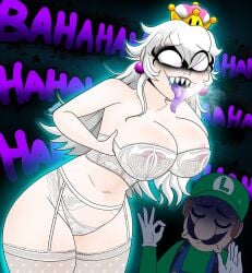 1boy 1girls big_breasts boosette bra breast_grab breasts closed_eyes clothing crown duo ear_piercing facial_hair female ghost ghost_girl gloves green_hat green_shirt hat huge_breasts large_breasts laughing legwear long_hair luigi male mario_(series) monster monster_girl moustache nintendo nipples nipples_visible_through_clothing open_mouth purple_tongue sharp_teeth sweat sweating tongue tongue_out tophart voluptuous voluptuous_female white_gloves white_hair