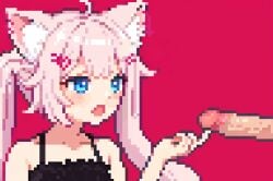 1boy ahoge animal_ear_fluff animal_ears bangs black_camisole blue_eyes blush camisole cat_ears censored female hair_ornament hairclip long_hair mosaic_censoring neko nekomata nekomimi open_mouth penis pink_background pink_hair pixel pixel_art pixelated red_background simple_background smile solo_focus spaghetti_strap straight twintails upper_body virtual_youtuber yumekomoore