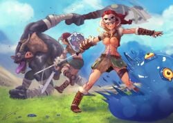 1boy 1girls accidental_exposure armor barbarian blonde_hair blurry_background blush body_paint breasts breasts_out breath_of_the_wild crop_top eltonel embarrassed fighting full_body green_eyes link link_(breath_of_the_wild) medium_breasts midriff moblin monster nintendo nipples pelvic_curtain pointy_ears princess_zelda shield short_hair solo_focus sword tears the_legend_of_zelda toned toned_female wardrobe_malfunction weapon zelda_(breath_of_the_wild)