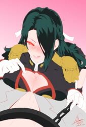 1boy1girl anti-demon_corps_uniform ass azuma_fubuki chained chained_collar chains cleavage gloves green_hair hair_over_one_eye hair_ribbon heart-shaped_pupils large_breasts long_hair looking_at_viewer male_pov mato_seihei_no_slave milf ribbon voluptuous_female yellow_eyes