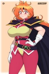 1girls 2024 cape clothed clothing female female_only gloves hi_res large_breasts light_blush lina_inverse long_hair looking_at_viewer orange_hair red_eyes slayers smiling smiling_at_viewer solo truewaifu