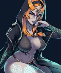 1girls big_breasts bioluminescence black_background breasts circlet collarbone colored_sclera covered_erect_nipples female glowing hood large_breasts long_hair looking_to_the_side midna midna_(true) miss_faves missfaves navel nintendo orange_hair purple_lips red_eyes robe sitting smile solo the_legend_of_zelda the_legend_of_zelda:_twilight_princess twili_midna twilight_princess yellow_sclera