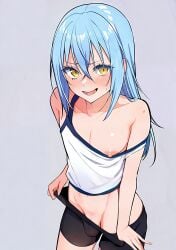 ai_generated bulge clothing_pull femboy light_blue_hair long_hair nipple_slip otoko_no_ko penis_peek rimuru_tempest strap_slip tensei_shitara_slime_datta_ken yellow_eyes