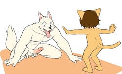 age_difference anthro ass brown_hair edit fur hair manmosu_marimo nude penis shota_feline_(marimo) tan_fur tongue tongue_out uncensored white_canine_(marimo) white_fur young