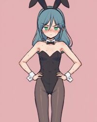 1girls ai_generated angry annoyed black_bowtie black_leotard blue_hair blush bowtie bunny_ears bunnysuit chest flat green_eyes hands_on_hips headband highres hotaru_ayonara leotard long_hair looking_at_viewer oc_(osmondai) original original_character osmondai pantyhose pink_backrgound simple_background solo stable_diffusion sweat sweatdrop