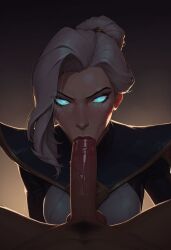 1girls :>= ai_generated blowjob blowjob_face blue_eyes camille_ferros civitai cyborg dark-skinned_male fellatio female human league_of_legends looking_at_viewer male nude nude_male pov pov_crotch pov_eye_contact riot_games unknown_artist video_games white_hair