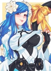 1girls big_breasts blue_hair breast_curtain breast_curtains dizzy_(guilty_gear) flowers guilty_gear guilty_gear_strive hair_flower nipple_bulge queen_dizzy red_eyes ribbon smiling_at_viewer smirk