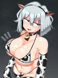 1girls ash_(nagomami) big_breasts bikini breasts collar cow_bikini cow_ears cow_girl cow_gloves cow_legwear cow_stockings cowbell female gloves huge_breasts nagomami white_hair