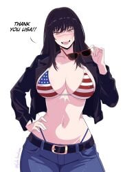 american_flag_bikini belt big_breasts big_breasts big_breasts bikini breasts breasts breasts chainsaw_man clothed clothes clothing female female_focus female_only gato_gratam jacket mitaka_asa pants scar scar_on_face string_bikini string_bra string_panties sunglasses sunglasses_removed yoru_(chainsaw_man)