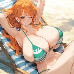 1girls armpits arms_behind_head big_breasts bikini breasts bursting_breasts busty cleavage confident crossed_legs female female_only hi_res huge_breasts legs long_hair looking_at_viewer lying nami navel one_eye_closed one_piece orange_eyes orange_hair pose posing seductive seductive_look seductive_smile sensual sexy_armpits solo sweat thick_thighs thighs thong_bikini voluptuous