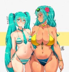 2girls artist_request brazilian_miku hatsune_miku light-skinned_female tagme_(artist) tan_fur tanned_skin thick_thighs vocaloid