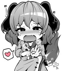 :d animal_ears blush bulge chibi covered_penis dog_ears dog_girl dog_tail drooling erection erection_under_clothes female futanari greyscale heart heart-shaped_pupils heavy_breathing highres in_heat intersex kasodani_kyouko looking_at_viewer lovestruck makin_tama monochrome penis penis_under_clothing pov smile sweat symbol-shaped_pupils tail touhou