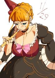 1girls 2024 2d 2d_(artwork) 3amsoda beatrice_(umineko) big_breasts blue_eyes breasts clothed clothed_female clothing dress ear_piercing earrings female female_only huge_breasts large_breasts looking_away orange_hair shiny_breasts shiny_hair shiny_skin short_hair smoke smoking solo solo_female sweat sweating umineko_no_naku_koro_ni white_skin white_skinned_female