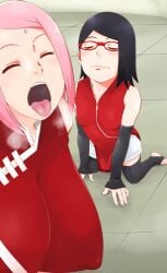 2girls ass black_eyes black_hair boruto:_naruto_next_generations breasts closed_eyes closed_mouth covered_erect_nipples female_focus glasses highres huge_breasts licking mature_female mother_and_daughter multiple_girls naruto naruto_(series) open_mouth sakura_haruno sarada_uchiha short_hair small_breasts source_request sunahara_wataru teeth