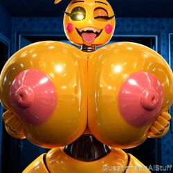 ai_generated big_breasts breast_focus breasts breasts_bigger_than_head breasts_bigger_than_torso breasts_out breasts_squeezed_together enormous_breasts five_nights_at_freddy's five_nights_at_freddy's_2 fnaf fnaf2_location furry furry_female furry_only huge_breasts large_breasts metal_joints metallic_body metallic_skin nipples pink_nipples questionableaistuff robot robot_girl robot_joints tongue tongue_out toy_chica_(fnaf)