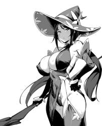 1girls big_breasts black_hair blush breasts busty character_request child_bearing_hips covered_navel covered_nipples erect_nipples_under_clothes female female_only gloves hand_on_hip hat highres large_breasts legs leotard long_hair looking_at_viewer low_twintails monochrome pelvic_curtain pose posing sensual solo staff sweat thick_thighs thighs thong_leotard twintails voluptuous witch witch_hat