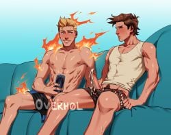 2boys abs ai_generated artificial_vagina blonde_hair blue_eyes blush boxers brown_hair commission cum cum_on_body cum_on_penis erection fantastic_four fire gay gay_male human_torch hunter_(overh0l) johnny_storm looking_at_another male_focus male_masturbation male_pubic_hair male_underwear marvel masturbation multiple_boys nipples open_mouth pectorals penis peter_parker pubic_hair sex_toy sitting smirk spider-man spider-man_(series) tank_top teeth testicles underwear white_tank_top yaoi