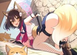 ass blue_archive blush brown_hair female fishnet_legwear fishnets fox_ears fox_girl fox_tail fur hair_ornament happy izuna_(blue_archive) looking_at_viewer ninja outdoors presenting sailor_collar seo_garam skirt smile yellow_eyes