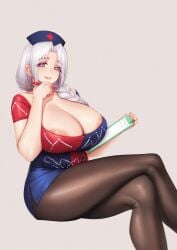 1girls areola_slip areolae belly big_breasts black_pantyhose breasts_bigger_than_head crossed_legs eirin_yagokoro heart-shaped_pupils large_breasts low_cut_top mature_female nurse_cap qingmingtongzi sitting smile touhou two-tone_shirt voluptuous voluptuous_female white_hair