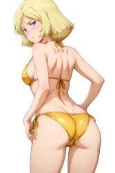 ai_generated ankorodo_ai ass ass_focus bikini blonde_hair gundam looking_at_viewer looking_back mobile_suit_gundam sayla_mass swimsuit yellow_swimsuit