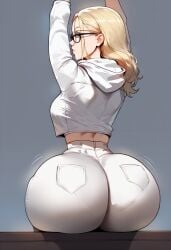 1girls ai_generated ass ass_focus back_view blonde_hair bubble_butt fully_clothed glasses sitting