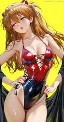 1girls ai_generated alternate_costume asuka_langley_sohryu glossy glossy_lips neon_genesis_evangelion one_piece_swimsuit orange_hair painted_nails shiny_clothes shiny_hair shiny_skin shoppy swimsuit tagme