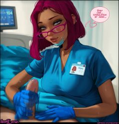 aroma_sensei dark-skinned_female dark_skin dialogue facemask female freckles gloves handjob latex_gloves maru_(stardew_valley) medium_breasts medium_hair nurse_uniform patreon_username purple_eyes stardew_valley thick_lips