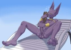 1boy beach_chair beerus black_fingernails black_toenails completely_nude dragon_ball dragon_ball_super feet gay huge_cock kokobiel male_only masturbation musk musky_feet nude nude_male purple_body sharp_claws sharp_fingernails sharp_toenails shoe_sniffing simple_background smelling_shoe solo yaoi