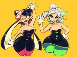 2girls ass bananawithas big_breasts breasts callie_(splatoon) cleavage clothed clothing female female_only inkling inkling_girl looking_at_viewer marie_(splatoon) nintendo pointy_ears short_hair splatoon splatoon_(series) squid_sisters tagme tentacle tentacle_hair