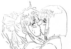 2girls blush french_kiss from_side hair_ribbon japanese_clothes kissing kitaooji_hanabi long_hair monochrome multiple_girls ponytail ribbon rolling_eyes sakura_shinguji sakura_wars sega short_hair tears tongue tongue_out traditional_media yuri