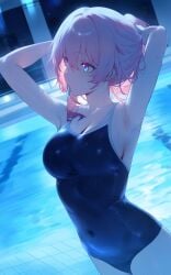 adjusting_hair ai_generated armpits arms_behind_head arms_up bare_arms bare_legs bare_thighs belly_button_visible_through_clothing big_breasts breasts cleavage collarbone hair_tie_in_mouth honkai:_star_rail indoors long_hair march_7th_(honkai:_star_rail) night one-piece_swimsuit pink_hair pool purple_eyes setsuaiart shiny_skin swimsuit thighs wet_body