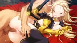 1boy black_legwear blonde_hair blush breast_grab breasts brown_hair censored choker closed_eyes eiyuu_senki eiyuu_senki_gold female game_cg gauntlets gilgamesh_(eiyuu_senki) grabbing large_breasts legs_together long_hair lying mechanical_arm mosaic_censoring nipples on_side ooyari_ashito open_mouth penis pussy sex shujinkou_(eiyuu_senki) solo_focus straight sweatdrop tears testicles thighhighs vaginal_penetration