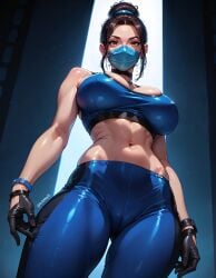 ai_generated cameltoe fr34ky from_below gym_clothes hair_bun hips kitana mask medical_mask midriff thighs