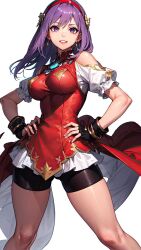 1girls ai_generated athena_asamiya big_breasts bike_shorts cameltoe clothed dress earrings female gloves hair_ornament hands_on_hips king_of_fighters light-skinned_female light_skin long_hair looking_at_viewer necklace purple_eyes purple_hair shorts thighs