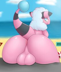 1boy ass big_ass black_fur blush digital_media_(artwork) femboy feral flaaffy furry girly hi_res looking_at_viewer looking_back male male_only mammal nintendo nude outdoors pandashorts pink_fur pokemon pokemon_gsc rear_view sheep solo stripes tail testicles thick_thighs video_games white_fur