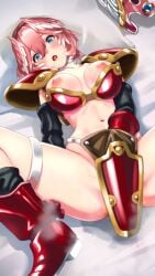 absurdres alternate_costume armor bikini_armor blue_eyes blush breasts breasts_out commentary drooling feathered_wings female female_masturbation grabbing_own_thigh groin hair_between_eyes head_wings highres hololive hololive_japan holox implied_masturbation large_breasts looking_at_viewer lying masturbation masturbation_through_clothes navel nipples on_back open_mouth pink_hair red_armor red_footwear short_hair shoulder_armor solo spread_legs stained_sheets steaming_body stomach symbol-only_commentary takane_lui thick_thighs thighs virtual_youtuber wings zabudog777