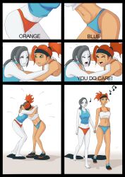 2girls accidental_exposure artist_request bare_shoulders barefoot black_hair blue_panties blue_underwear breasts catfight comic company_connection crossover curvy cute duo_focus english_text female female_only funny green_eyes grey_eyes headband high_ponytail light-skinned_female light_skin low_ponytail multiple_girls nintendo orange_hair orange_panties orange_underwear panties pants_down pants_on_floor pants_removed pantsless parody ponytail ring_fit_adventure ring_fit_trainee_(female) shoes spongebob_reference tank_top text thighs tied_hair underwear white-skinned_female white_skin wholesome wii_fit wii_fit_trainer wii_fit_trainer_(female) wrestling