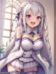 1girls ai_generated bangs blush braided_hair detached_sleeves dress emilia_(re:zero) happy jellyray looking_at_viewer open_mouth pointy_ears purple_eyes re:zero_kara_hajimeru_isekai_seikatsu silver_hair smile solo solo_focus