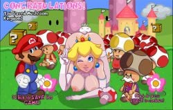 ?_block anal_insertion bigger_female castle crown embarrassed_smile erect_nipples gloves larger_female mario mario_(series) mario_is_missing mushroom outdoors peace_sign peach's_untold_tale princess_peach ripped_clothing screenshot size_difference smaller_male stockings toad_(mario) toadsworth wink winking winking_at_viewer