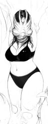 1girls alien_(franchise) arms_up black_bra black_panties bra breasts clothing facehugger female interspecies legs_together long_hair matching_underwear monochrome oral panties penetration purgatorynomad qsxwaz12 rape restrained size_difference thick_thighs wide_hips