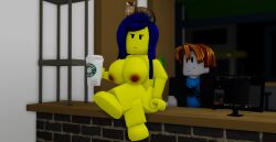 1boy 1boy1girl 1female 1girls 1male 3d 3d_(artwork) bacon_hair big_breasts blue_hair blueicongd breasts completely_naked completely_naked_female completely_nude completely_nude_female female femicon_(blueicongd) huge_breasts nude nude_female oc original_character roblox roblox_avatar robloxian sitting sitting_on_desk starbucks surprised surprised_expression tired tired_expression tired_eyes tired_look yellow_skin