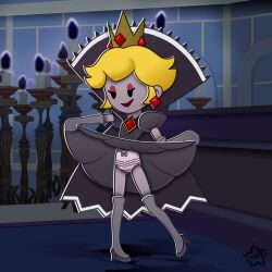 1girls black_dress blonde_hair bow_panties cape crown dress_lift frilled_panties gloves high_heels light_skin mario_(series) nintendo panties paper_mario paper_mario:_the_thousand-year_door paper_mario:_the_thousand-year_door_(nintendo_switch) paper_peach princess_peach purple_panties shadow_peach shadow_queen smile solo standing thighhighs