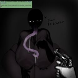 1boy 1girls alternate_(mandela_catalogue) alternate_(species) anon anonymous_male big_breasts breasts breasts_bigger_than_head female gun holding_gun holding_object long_tongue looking_at_partner male mandela_catalogue monster_girl nightmare_waifu nipple_piercing nyaguh purple_tongue saliva saliva_drip saliva_string solo solo_female thick_thighs tounge_out