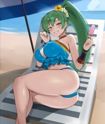 beach bikini fire_emblem fire_emblem:_three_houses green_hair ice_cream lyn_(fire_emblem) nintendo teasing