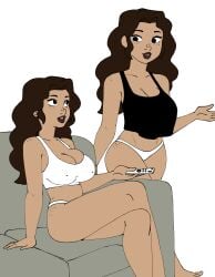 2girls arm_support black_tank_top brown_hair brown_lips brown_skin clone couch darkeros13 flat_colors freckles hand_up happy holding_remote_control looking_at_another open_mouth rachel_(eachminister) sitting sports_bra standing talking walking wavy_hair white_panties white_sports_bra