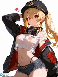 1girls aged_up ai_generated blonde_hair female hoyoverse jacket jean_shorts luciana_de_montefio minokai nipples red_eyes ripped_clothing see-through_clothing short_shorts side_ponytail whale_tail_(clothing) zenless_zone_zero