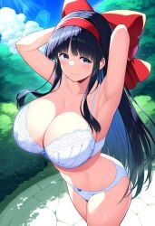 1girls armpits arms_behind_head big_breasts blue_eyes blue_hair bra breasts busty child_bearing_hips cleavage female hair_ribbon hi_res huge_breasts king_of_fighters legs long_hair looking_at_viewer nakoruru navel panties pose posing samurai_shodown sensual sexy_armpits smile snk thighs voluptuous