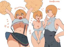 1girls blush cheerleader_outfit cleavage cleavage_cutout don_quixote_(limbus_company) embarrassed large_breasts limbus_company multiple_outfits project_moon shirt_pull short_hair underboob yellow_hair yongsadragon