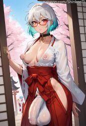 1futa ai_generated aqua_hair ass big_areola big_ass big_balls big_nipples big_penis bob_cut breasts bulge bulge_through_clothing choker futa_only futanari glasses hair hakama half_rim_glasses huge_ass huge_balls huge_cock jewelry kimono looking_at_viewer messy_hair miko multicolored_hair nipples nipples_visible_through_clothing oc penis puffy_nipples red_eyes red_hakama shinkoritl shrine shrine_maiden small_breasts solo solo_focus solo_futa standing thick thick_thighs thighs white_hair white_kimono wide_hips